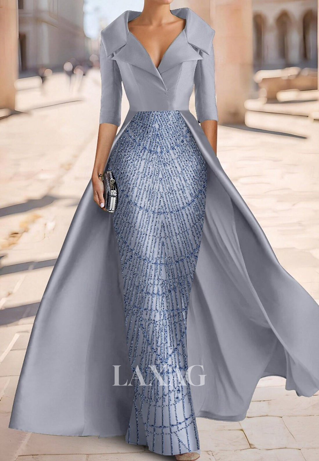 V-Neck Collared Half-Sleeves Sequined Beaded Satin Pleated Mermaid Mother of the Bride Dress