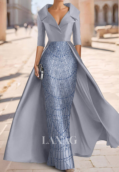 V-Neck Collared Half-Sleeves Sequined Beaded Satin Pleated Mermaid Mother of the Bride Dress