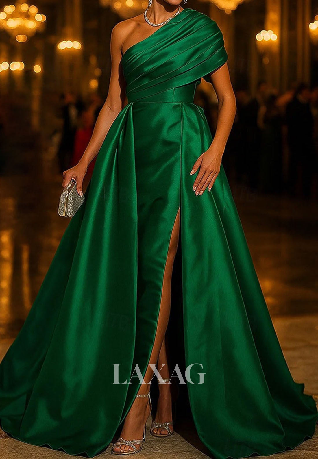 Asymmetrical-Neck Pleated Satin A-Line Evening Dress Sleeveless High Slit Formal Gowns