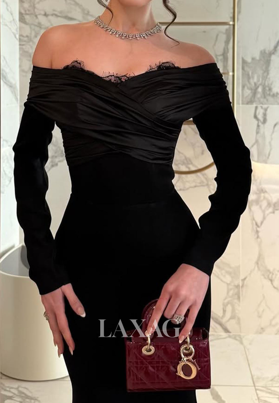 Sweetheart Long-Sleeves Pleated Satin Formal Gowns Off-Shoulder Sweep Train Mermaid Evening Dress