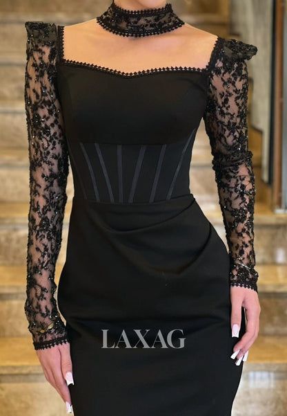 Sweetheart Long-Sleeves Mermaid Formal Gowns Sequined Applique Pleated Satin Evening Dress