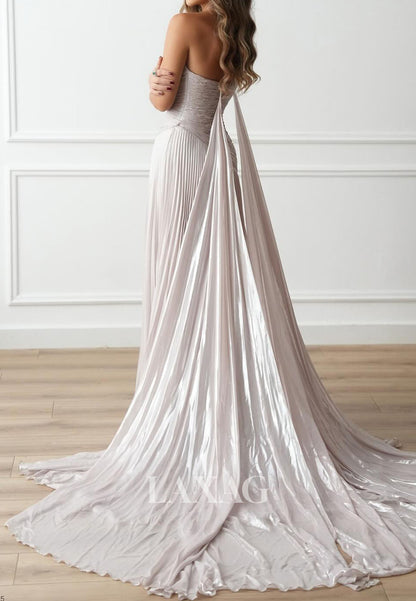 Tube Top Off-Shoulder Sleeveless Pleated Metallic-Chiffon Simple Mermaid Prom Dress with Train