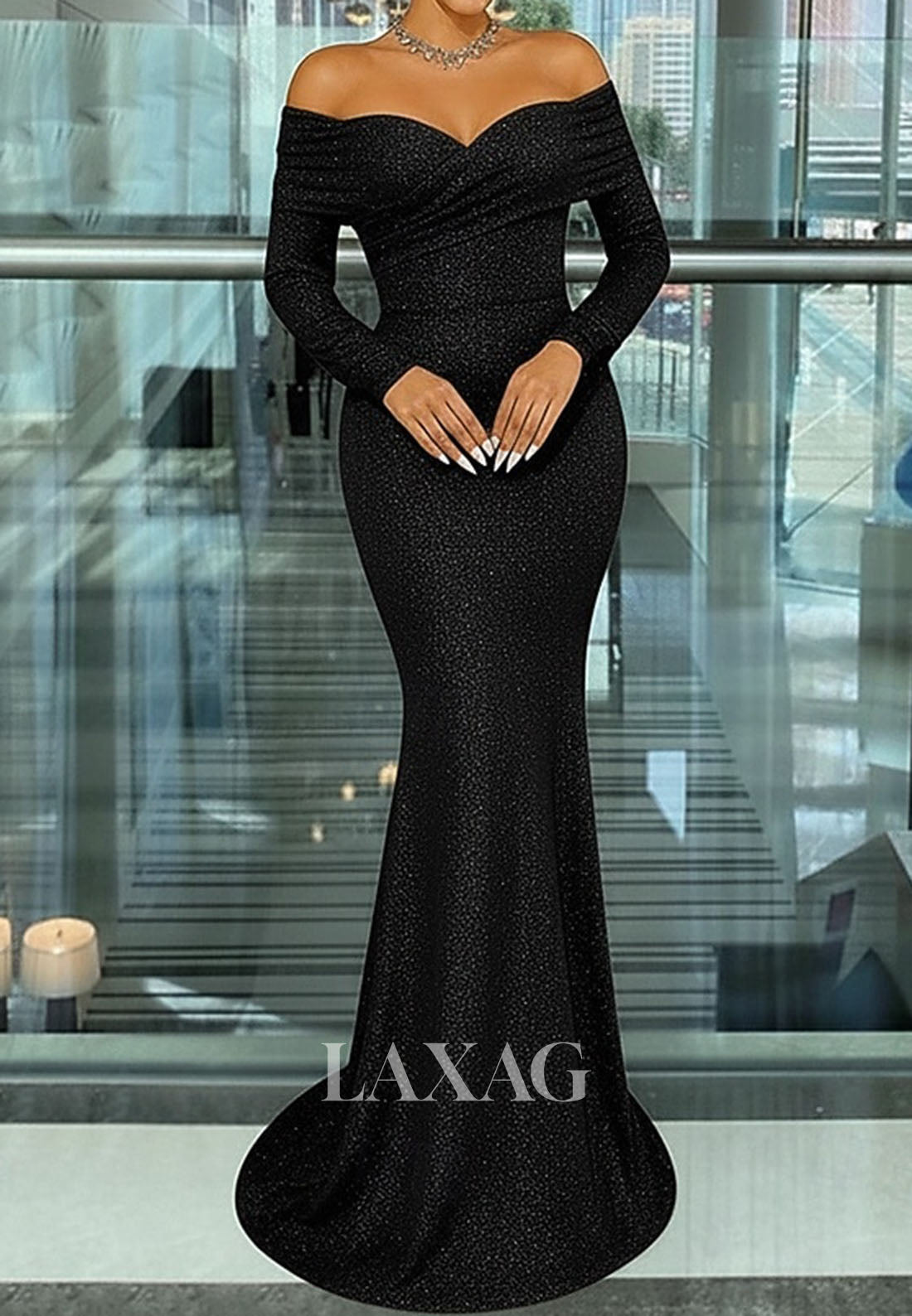 Sweetheart Long-Sleeves Mermaid Evening Dress Glitter-Knit Pleated Floor-Length Formal Gowns