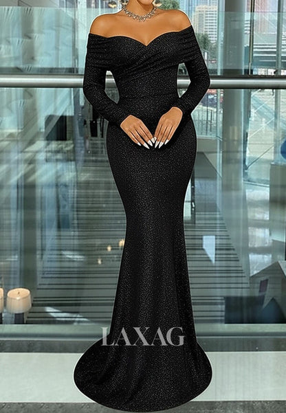 Sweetheart Long-Sleeves Mermaid Evening Dress Glitter-Knit Pleated Floor-Length Formal Gowns