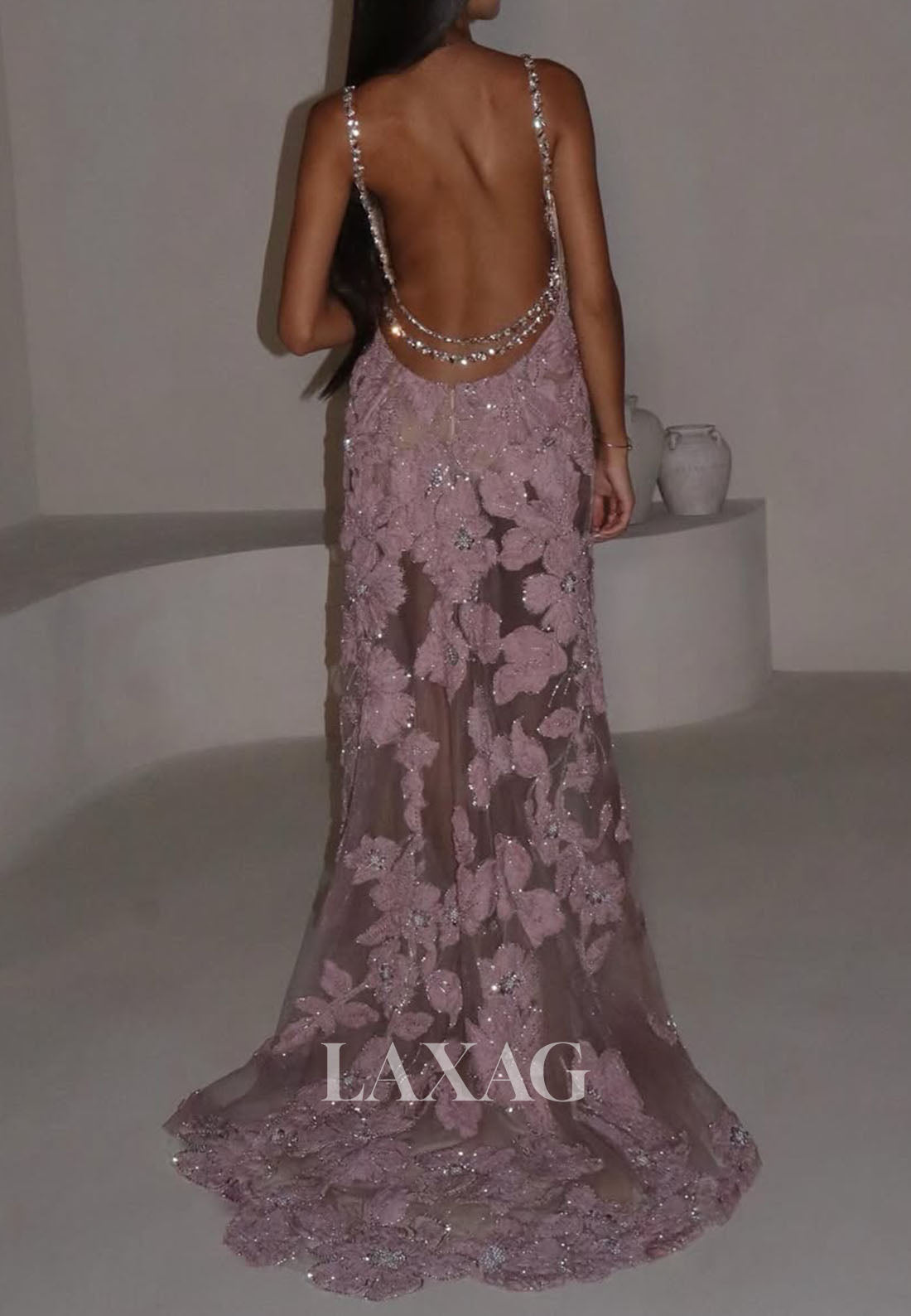 Deep V-Neck Spaghetti Straps Beaded Sequined Applique Tulle Sweep Train Mermaid Prom Dress