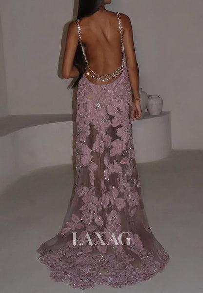 Deep V-Neck Spaghetti Straps Beaded Sequined Applique Tulle Sweep Train Mermaid Prom Dress