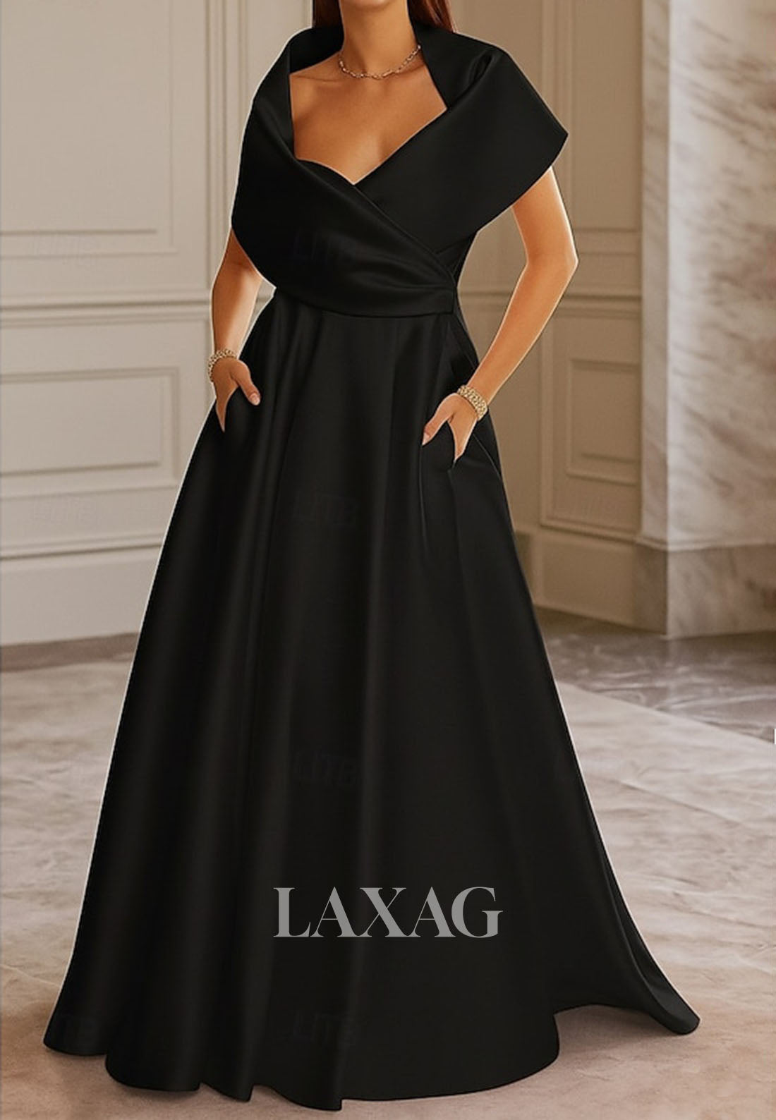 V-Neck Floor-Length Long A-Line Evening Dress Sleeveless Satin Pleated Formal Gowns
