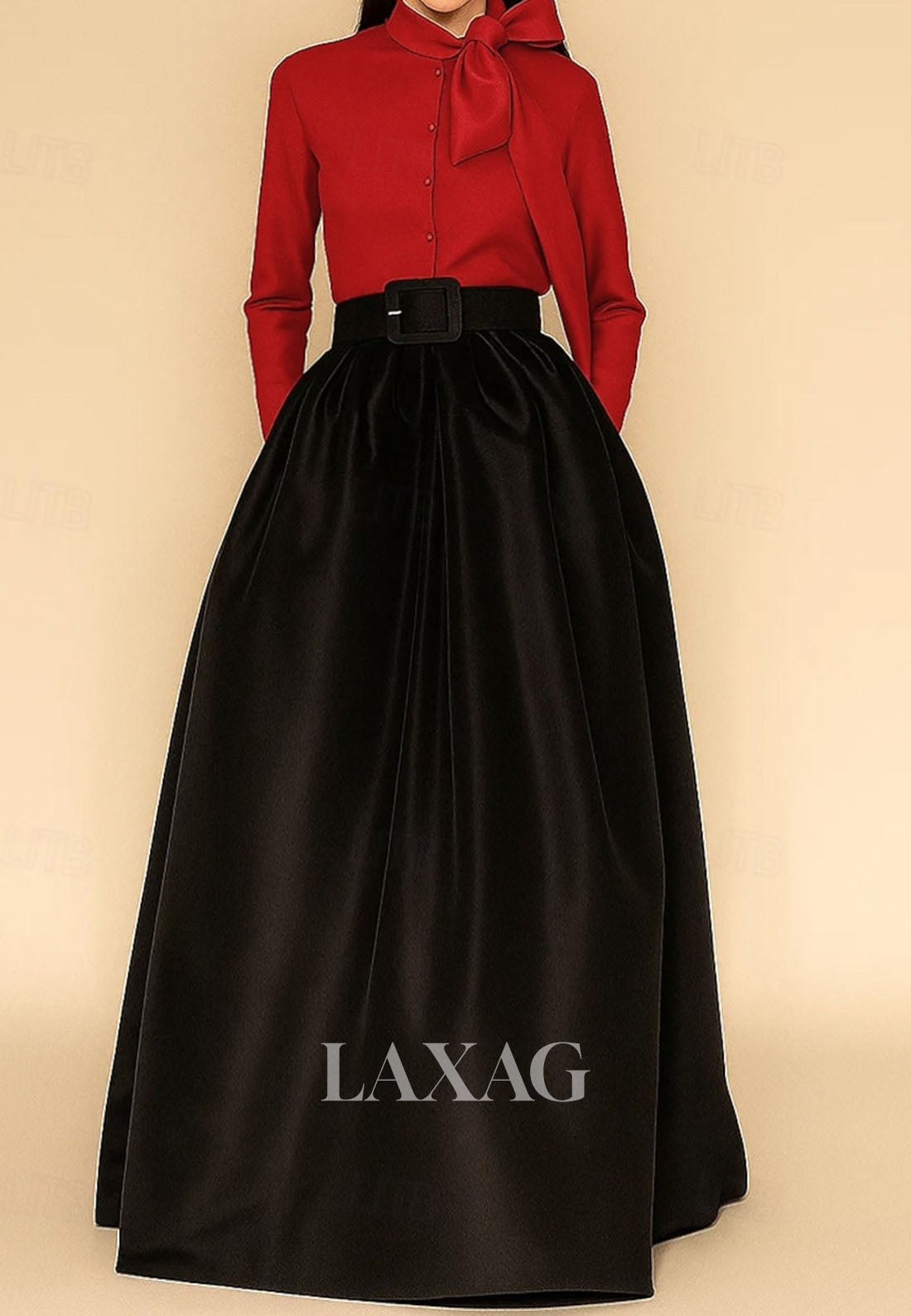 Collared Long-Sleeves Satin Pleated A-Line Evening Dress Floor-Length Formal Gowns