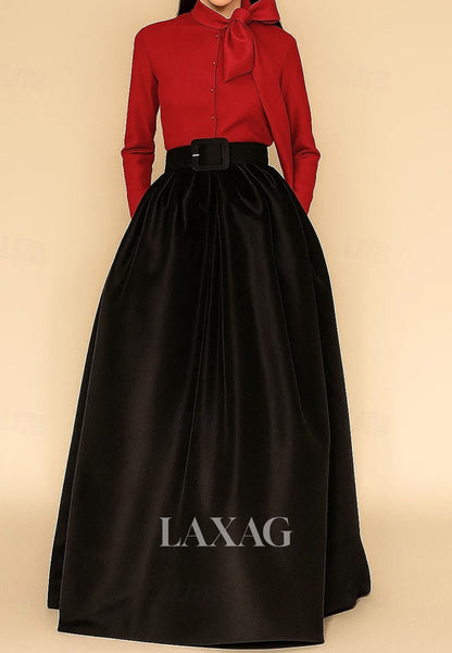 Collared Long-Sleeves Satin Pleated A-Line Evening Dress Floor-Length Formal Gowns