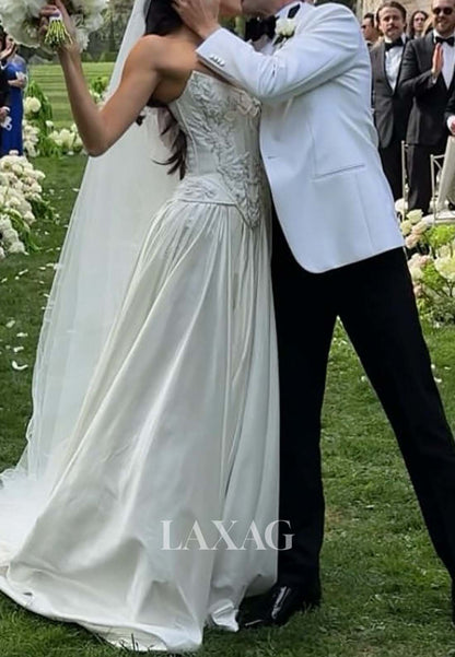 Scoop-Neck Off-Shoulder High Slit A-Line Wedding Dress Beaded Applique Pleated Satin Bride Gowns