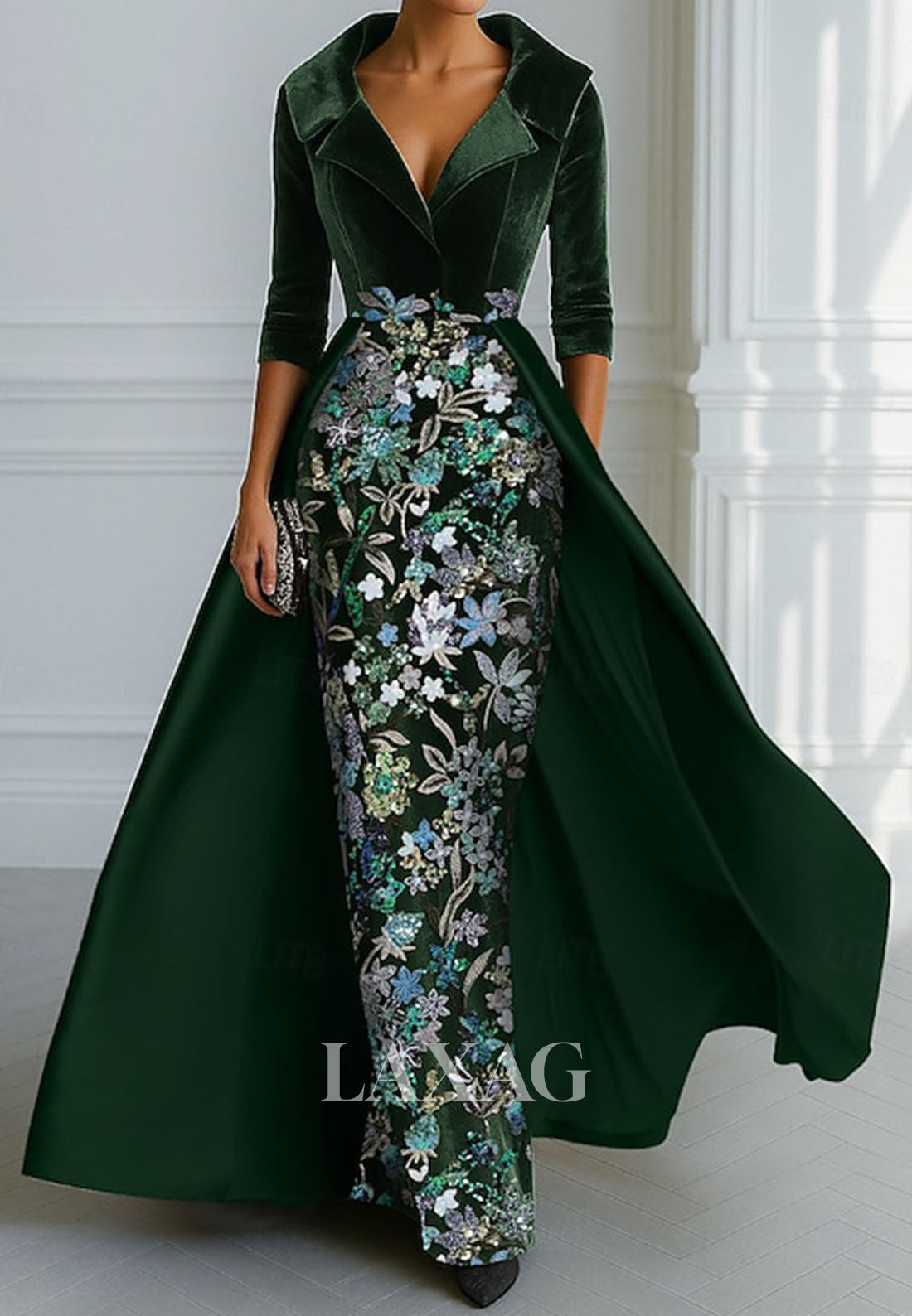 Floor-Length Sequined Applique Velvet Mermaid Evening Dress V-Neck Collared 3/4-Sleeves Formal Gowns