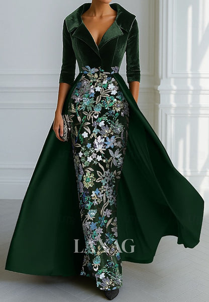 Floor-Length Sequined Applique Velvet Mermaid Evening Dress V-Neck Collared 3/4-Sleeves Formal Gowns