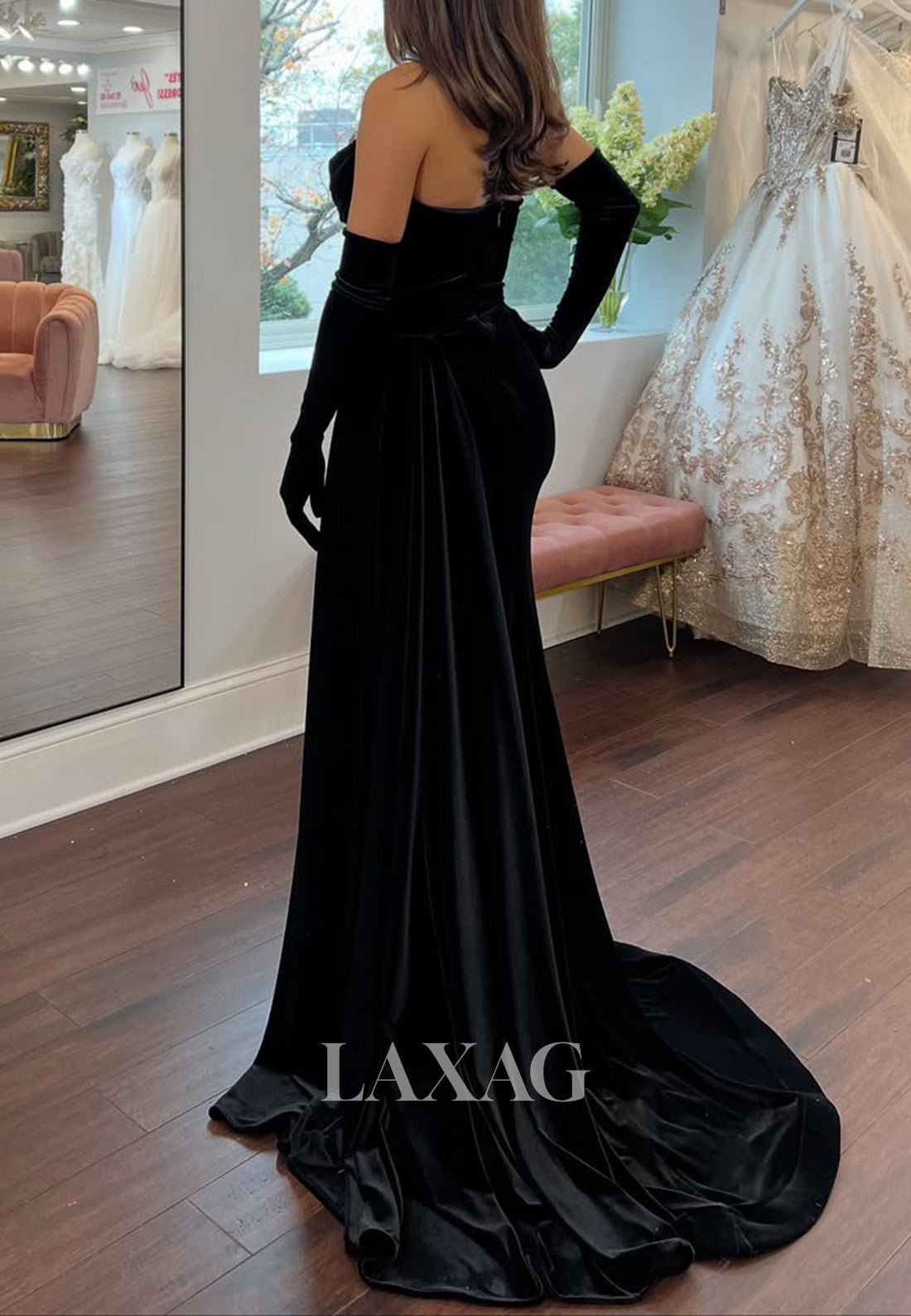 Sweetheart Off-Shoulder Sequined Beaded Velvet Pleated Mermaid Prom Dress with Long Gloves