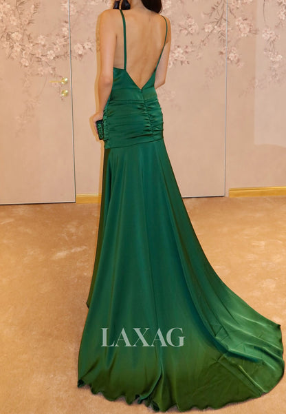 V-Neck Spaghetti Straps Sweep Train Party Gowns Sleeveless Satin Pleated Mermaid Prom Dress