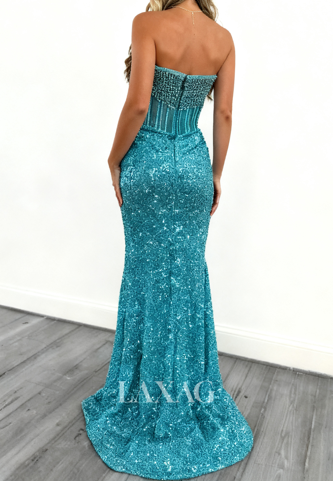 Bateau-Neck Sleeveless High Slit Party Gowns Fully Sequined Beaded Pleated Mermaid Prom Dress