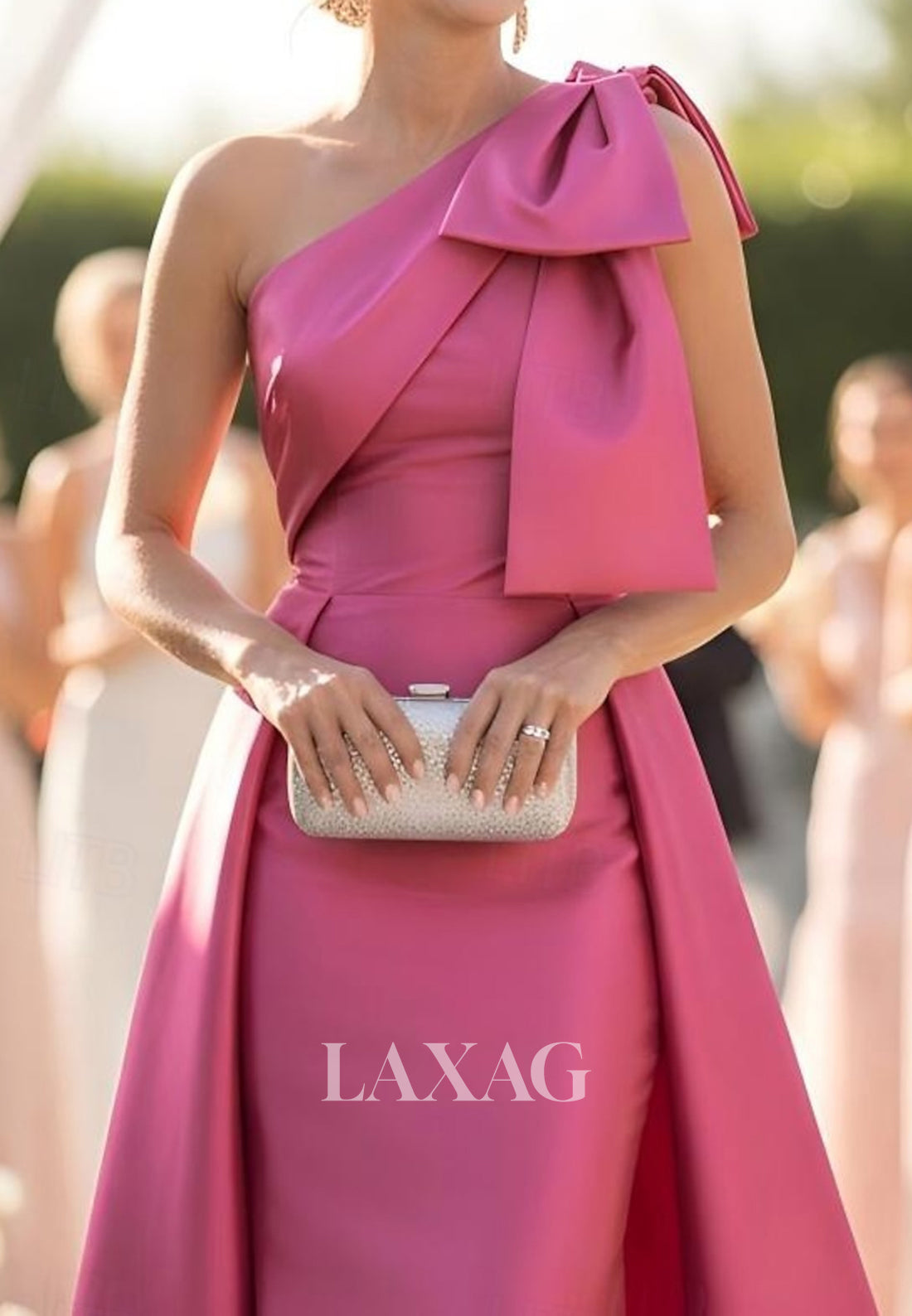 Asymmetrical-Neck One-Bow-Strap Satin Pleated Floor-Length Mermaid Evening Dress