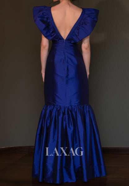 V-Neck Cap-Sleeves Pleated Satin Floor-Length Simple Trumpet Mermaid Evening Dress