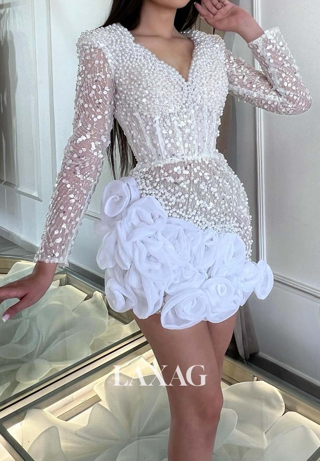 V-Neck Long-Sleeves Pleated Floral Embellished Fully Pearls Mermaid Homecoming Dress