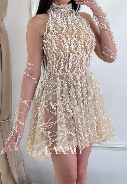 Halter-Neck Off-Shoulder Sleeveless Pleated Fully Pearls A-Line Homecoming Dress with Gloves