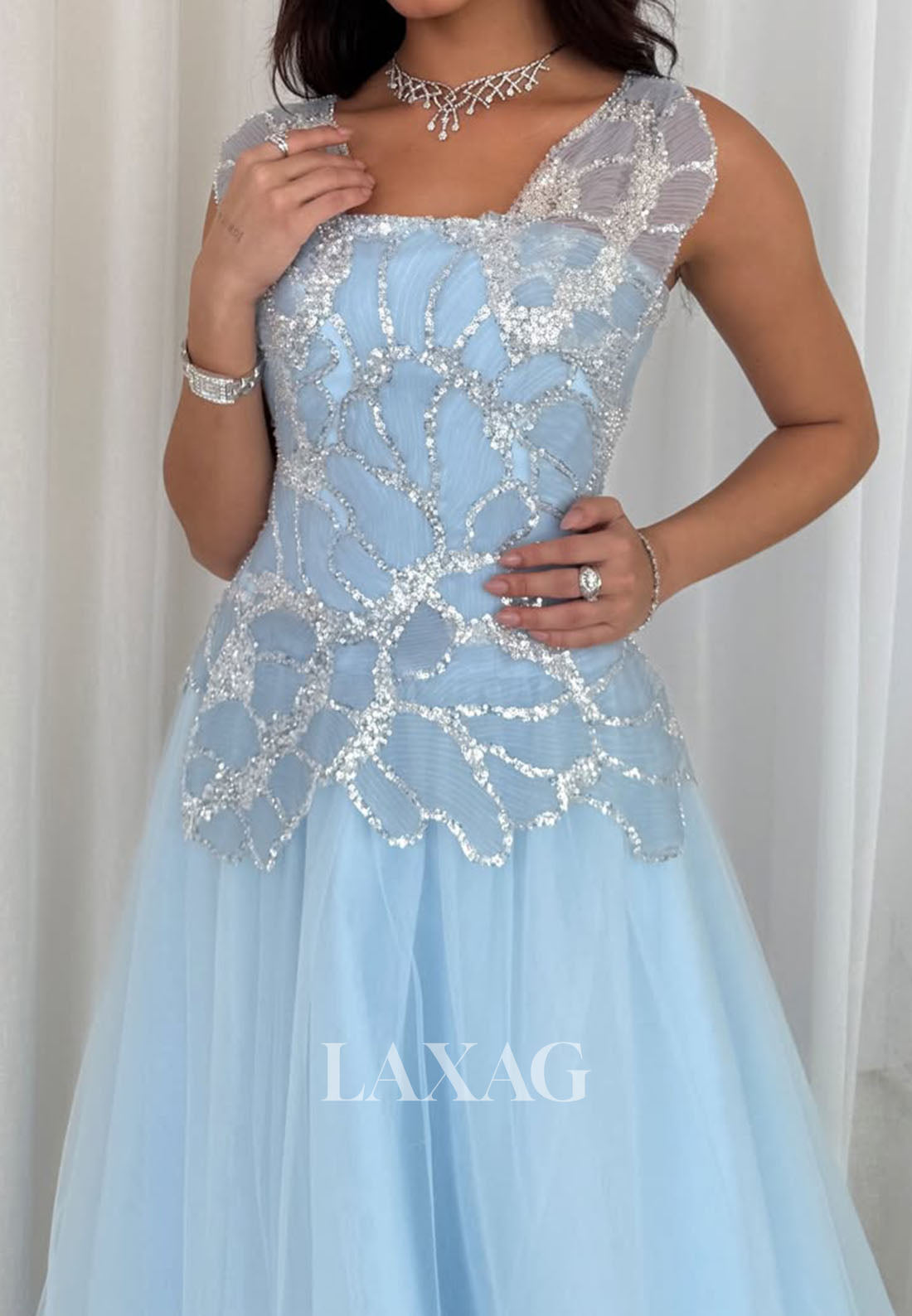 Tube Top Sleeveless Sheer Pleated Tulle A-Line Prom Dress Sequined Floor-Length Party Gowns