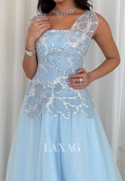 Tube Top Sleeveless Sheer Pleated Tulle A-Line Prom Dress Sequined Floor-Length Party Gowns