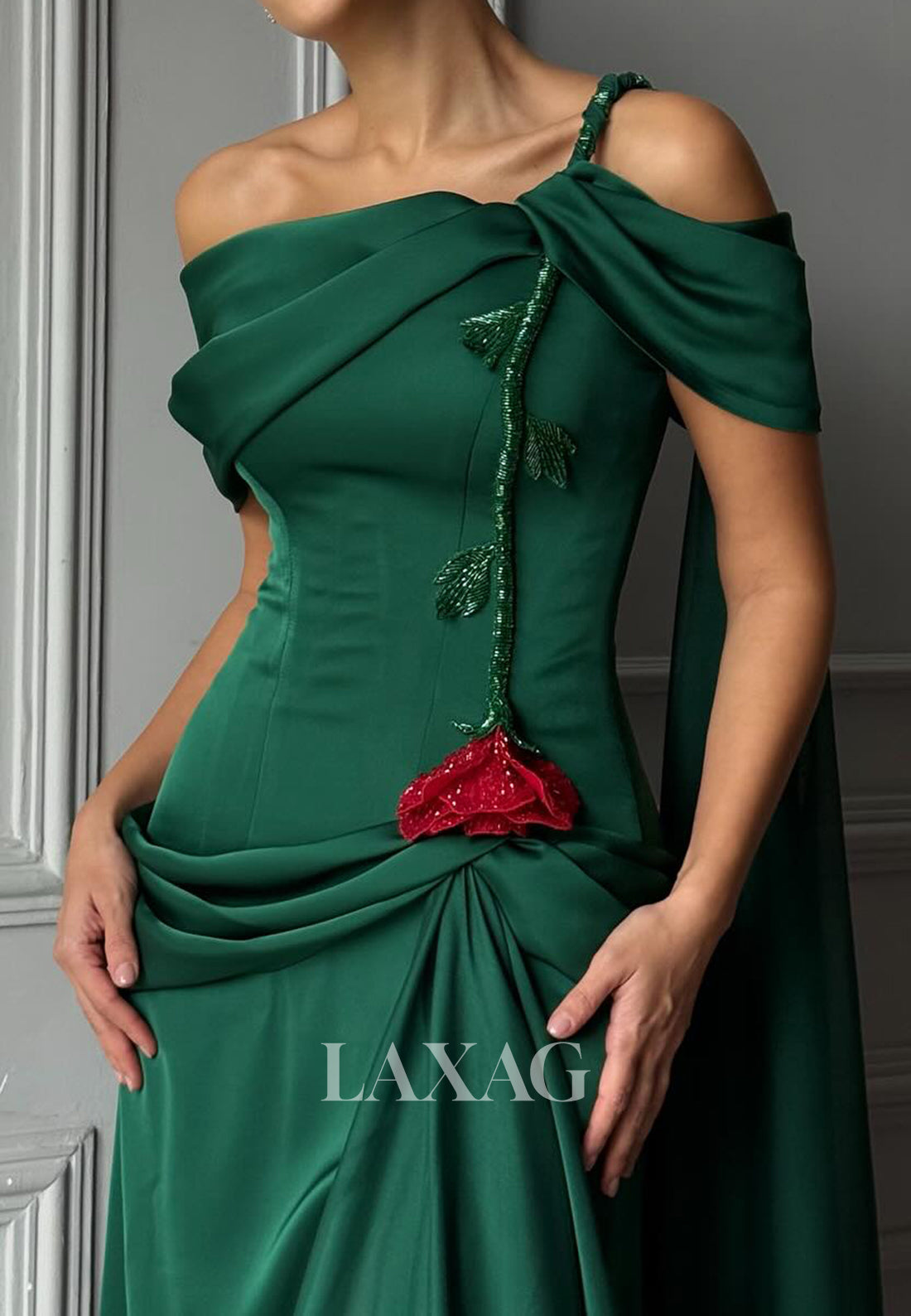 Bateau-Neck Sleeveless Sequined 3D-Floral Satin Pleated Floor-Length Mermaid Evening Dress