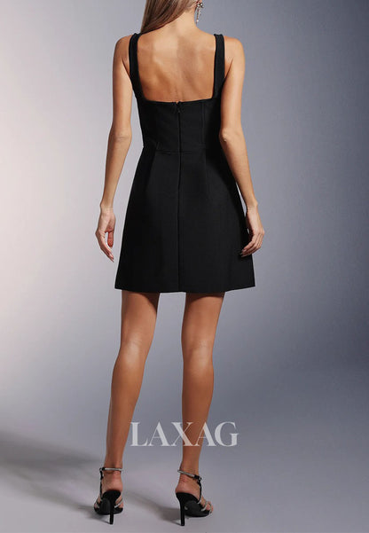 Square-Neck Straps Sleeveless Rhinestone Satin Simple A-Line Party Homecoming Dress