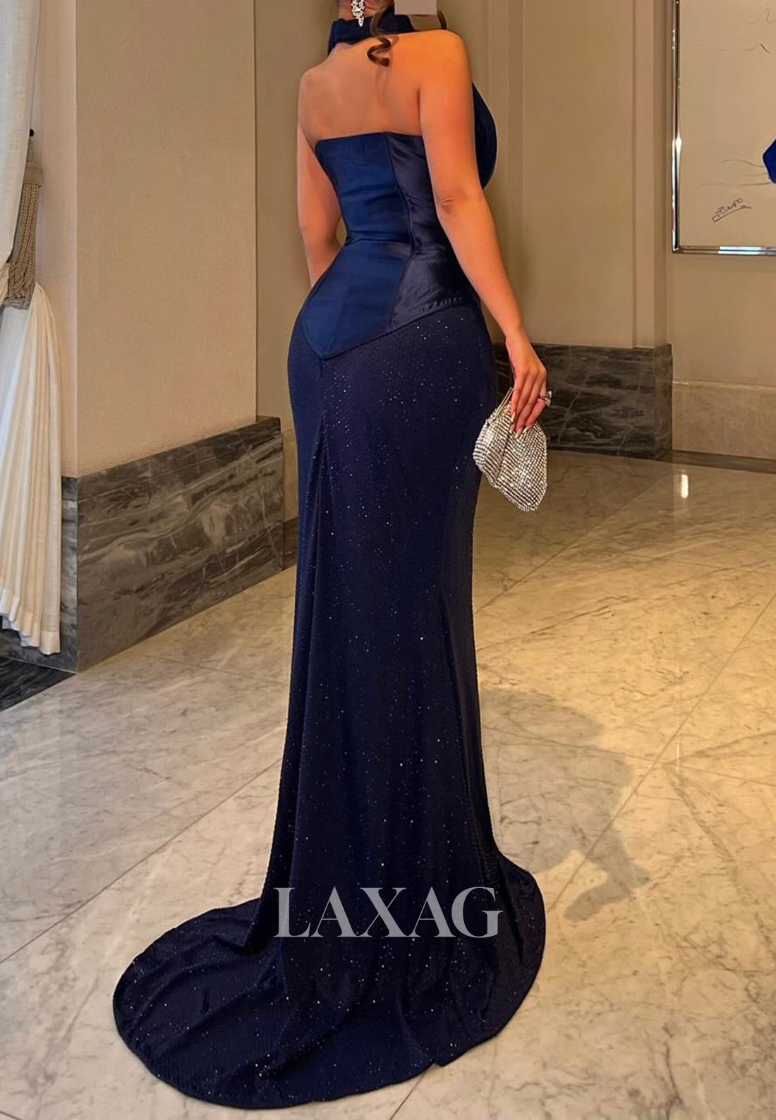 Halter V-Neck Sleeveless Fully Beaded Tulle Pleated Floor-Length Mermaid Evening Dress