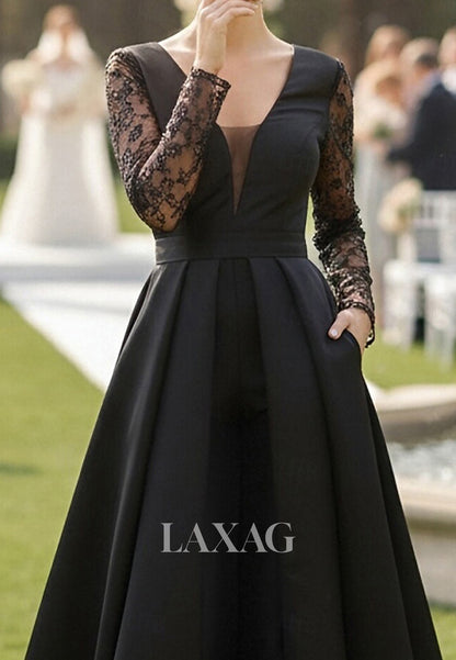 Deep V-Neck Long-Sleeves Sequined Applique Satin A-Line Mother of the Bride Dress