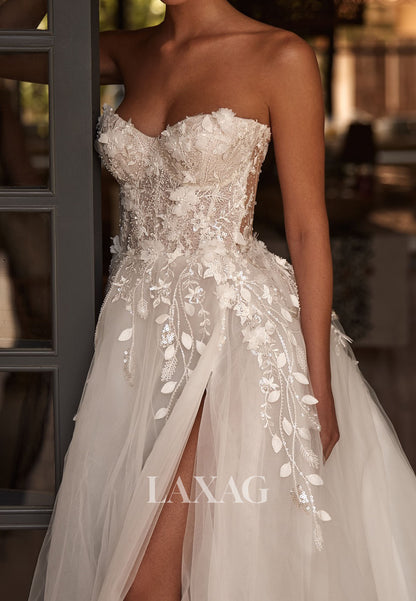 Sweetheart Off-Shouder Sleeveless Sequined Applique Pleated Tulle High Slit A-Line Wedding Dress