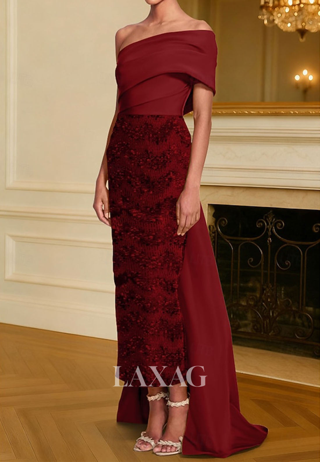 Asymmetrical-Neck Sequined Applique Mermaid Evening Dress Off-Shoulder Pleated Satin Formal Gowns