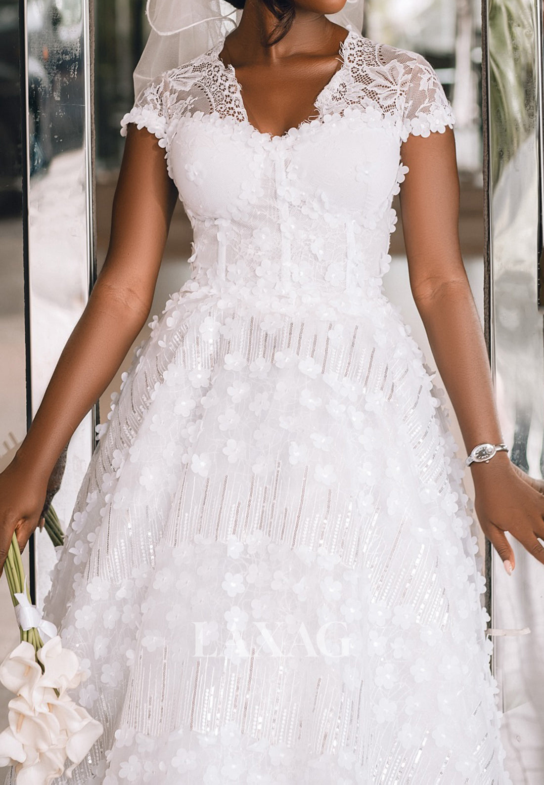 Sweetheart Cap-Sleeves Sequined 3D-Floral Lace Pleated Tea-Length A-Line Wedding Dress