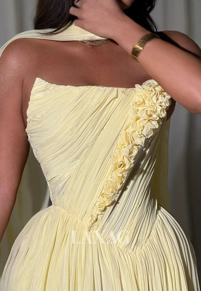 Bateau-Neck Off-Shoulder Pleated Chiffon Party Gowns Floral Embellished A-Line Prom Dress