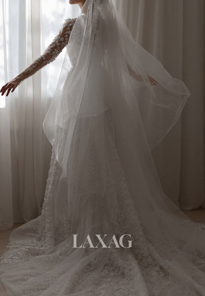 Scoop-Neck Long-Sleeves Bride Gowns Applique Sequined Pleated Tulle A-Line Wedding Dress