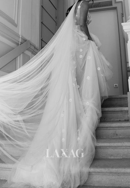 Scoop-Neck Floral Embellished Satin Bride Gowns Straps Beaded Pleated Tulle A-Line Wedding Dress