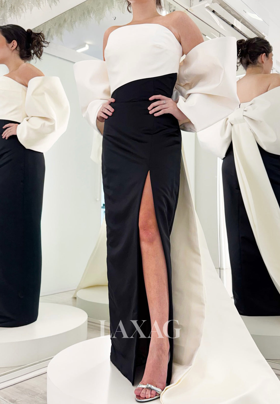 Tube Top Off-Shoulder Two Tone Satin Pleated Floor-Length Slit Mermaid Prom Dress with Big Bow
