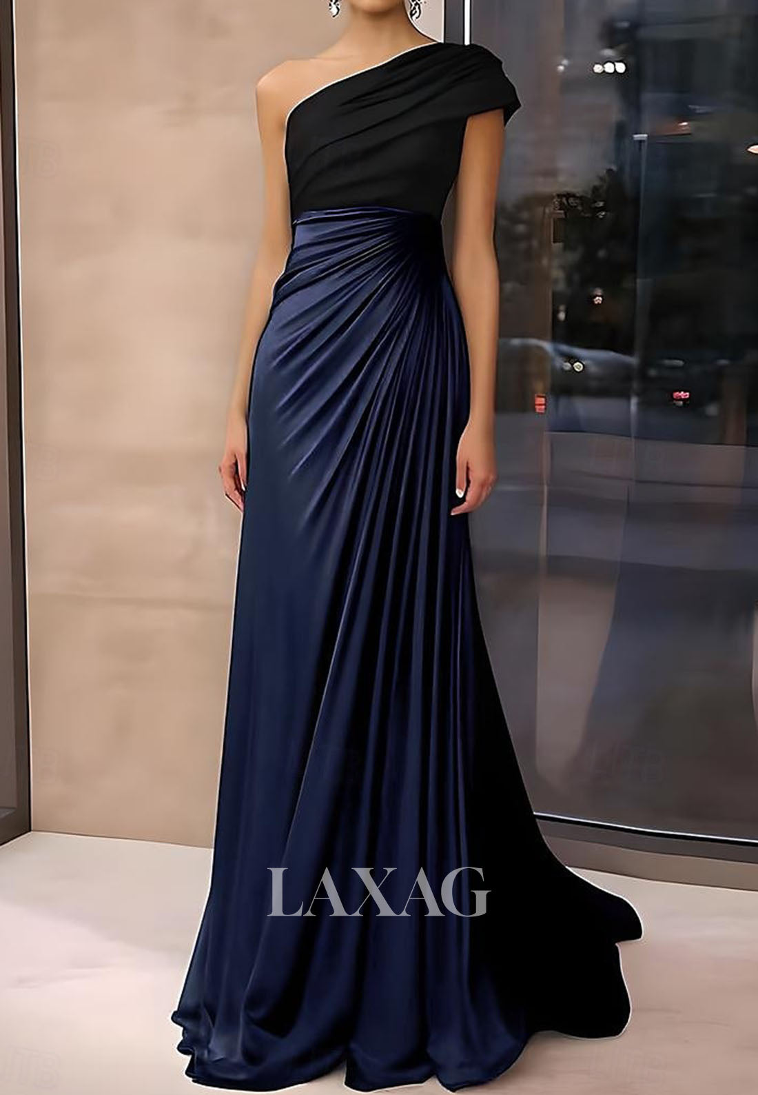 Asymmetrical-Neck Satin Pleated Formal Gowns Floor-Length Long A-Line Evening Dress