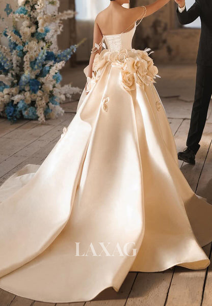 Sweetheart Sleeveless Pleated Satin Bride Gowns Floral Embellished Beaded A-Line Wedding Dress