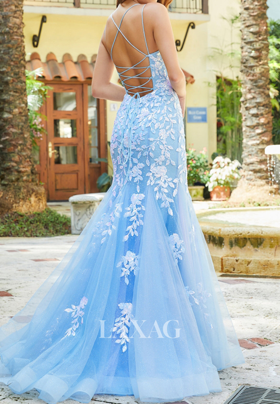 V-Neck Spaghetti Straps Tulle Party Gowns Beaded Sequined Applique Trumpet Mermaid Prom Dress
