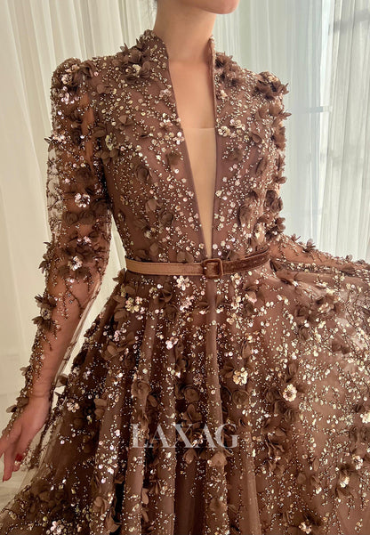 A-Line Plunging V-Neck Long-Sleeves Prom Dress Sequined Floral Embellished Tulle Party Gowns