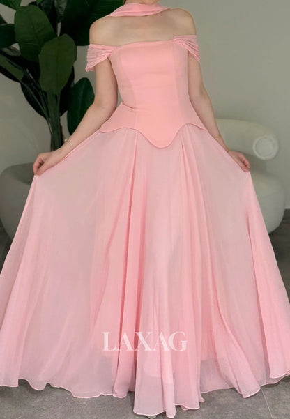 Bateau-Neck Pleated Chiffon A-Line Evening Dress Off-Shoulder Floor-Length Formal Gowns