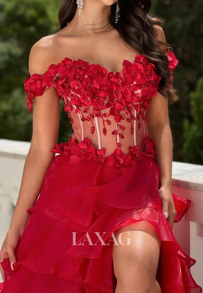 Sweetheart Floral Embellished Party Gowns Beaded Pleated Chiffon Tiered A-Line Prom Dress