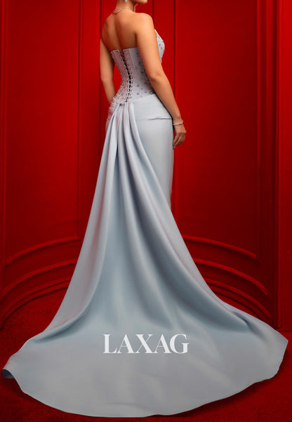 Off-Shoulder Sleeveless Sequined Beaded Satin Pleated Mermaid Formal Evening Dress with Slit