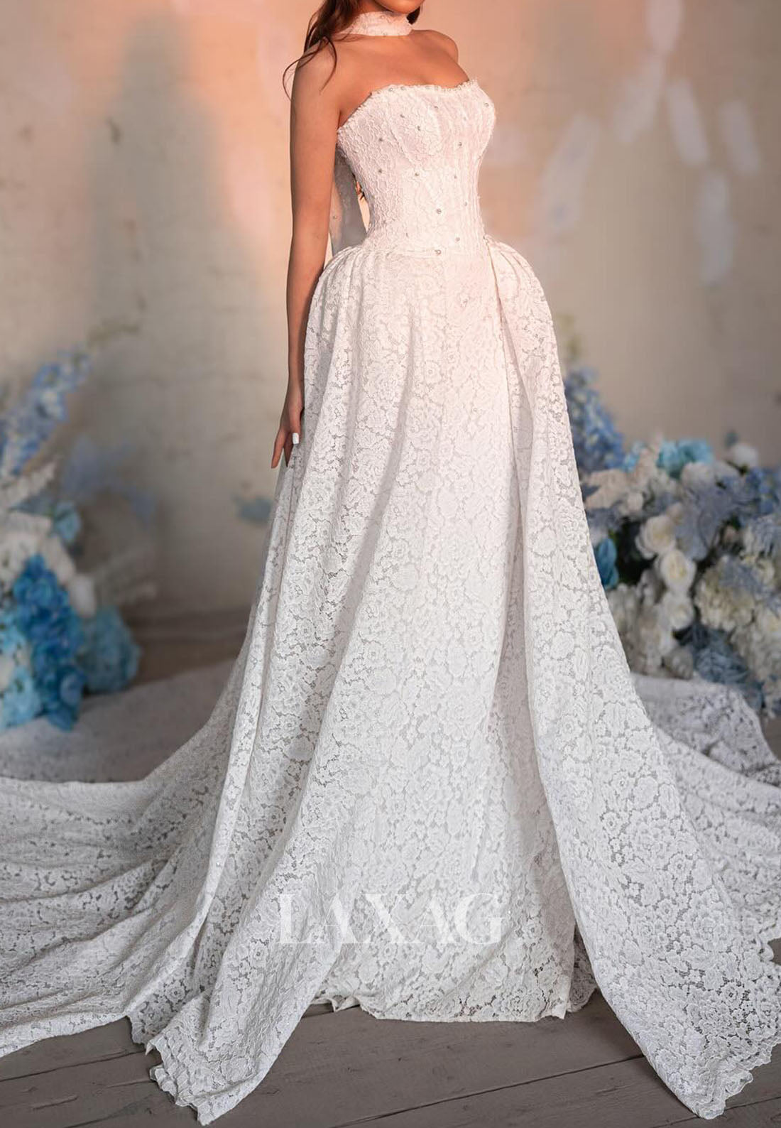 Bateau-Neck Off-Shoulder Sleeveless Mermaid Wedding Dress Pearls Allover Lace Bride Gowns