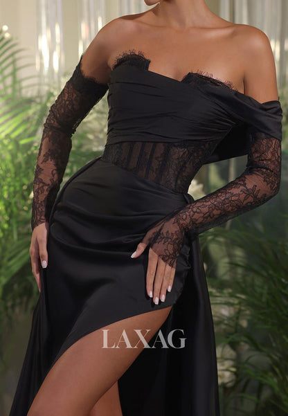 Sweetheart Off-Shoulder Long-Sleeves Pleated Satin&Lace High Slit Mermaid Prom Dress