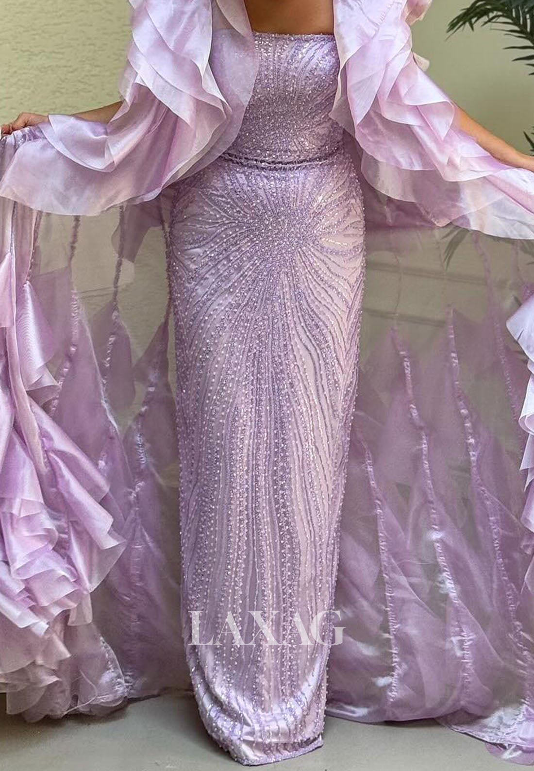 Tube Top Floor-Length Chiffon Pleated Mermaid Prom Dress Fully Sequined Beaded Evening Gowns