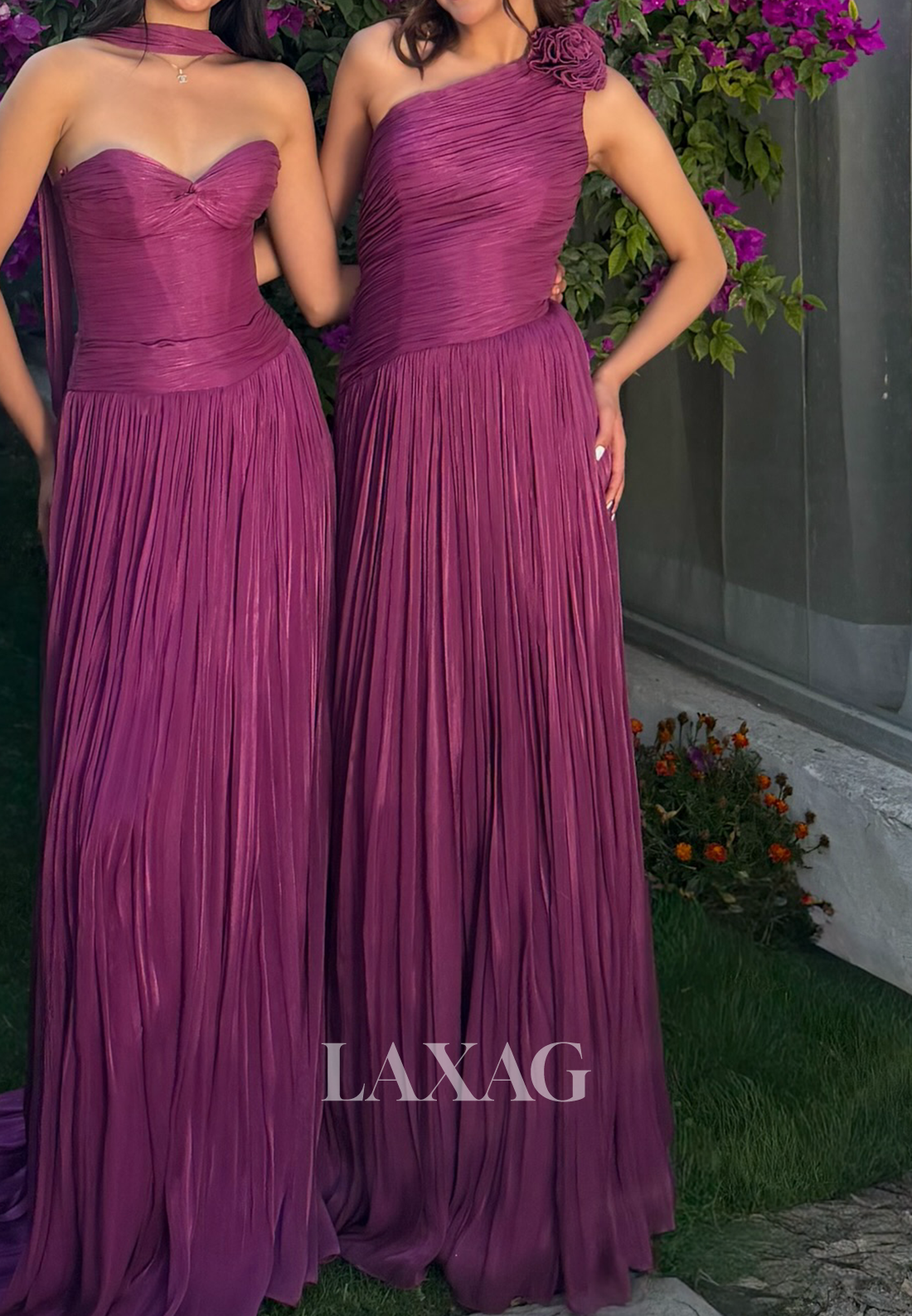 Asymmetrical-Neck Sleeveless 3D-Floral Chiffon Pleated Floor-Length Mermaid Evening Dress