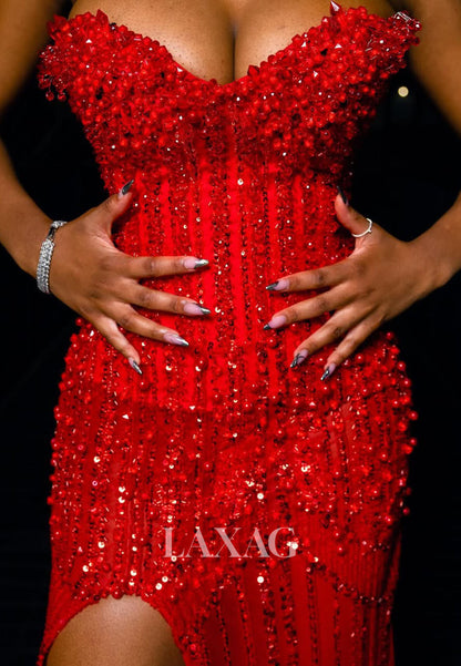 Off-Shoulder Fully Sequined Beaded Slit Party Gowns Sweetheart Sleeveless Mermaid Prom Dress