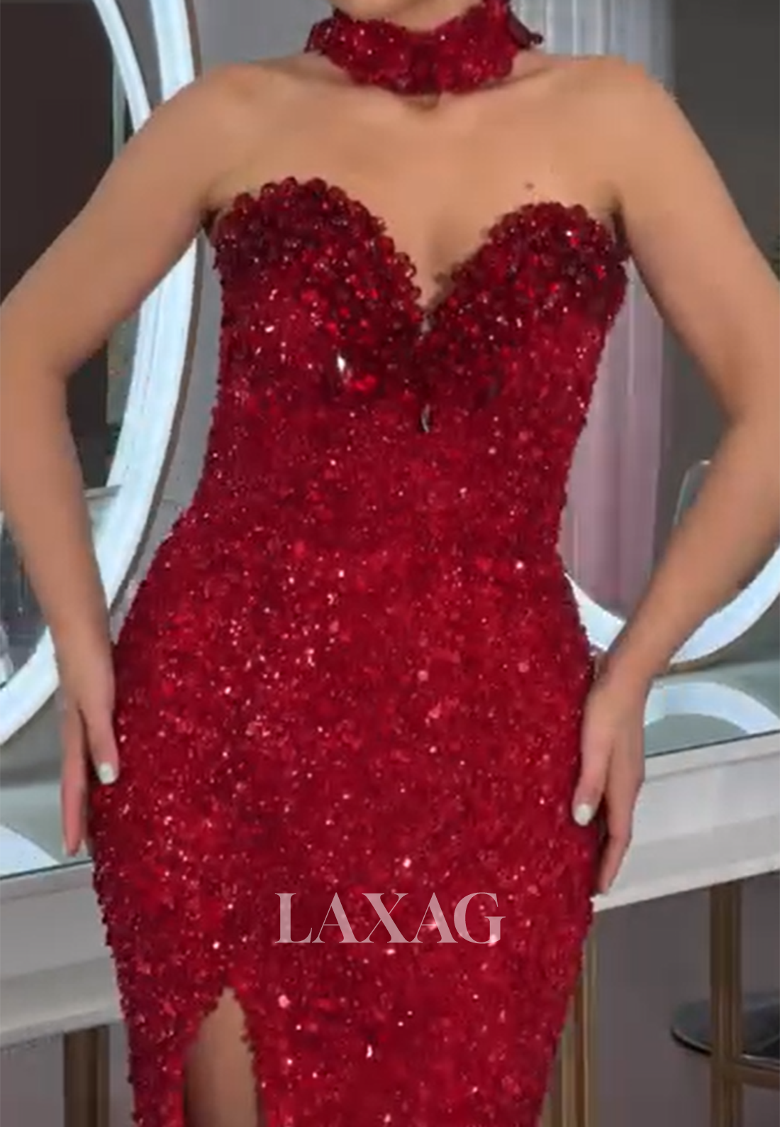 Off-Shoulder Sweetheart Sleeveless Rhinestone Pleated Fully Sequined Train Mermaid Prom Dress