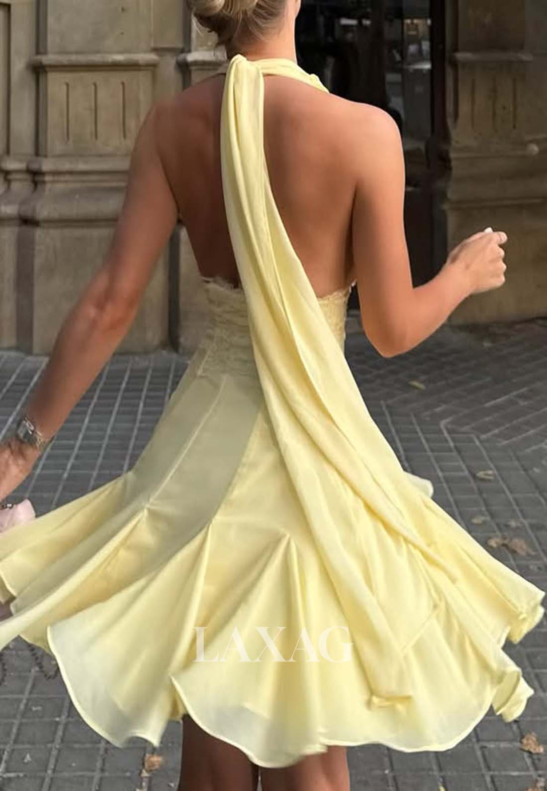 Halter Deep V-Neck Off-Shoulder Sleeveless Pleated Chiffon Short A-Line Party Homecoming Dress